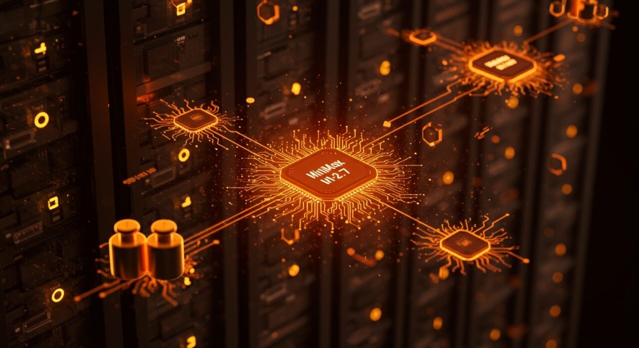 Imagen futurista de red neuronal AI MiniMax M2.7 representando modelo open source competitivo y accesible para startups de inteligencia artificial.