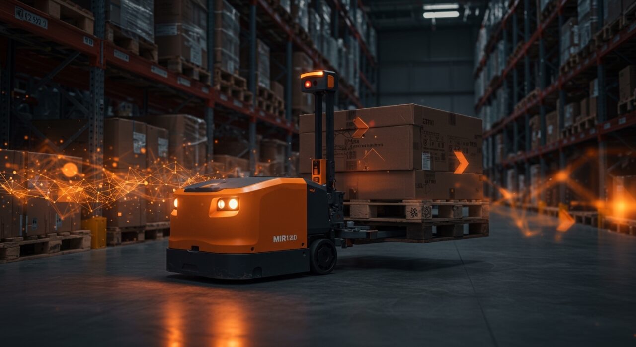 MiR1200 Pallet Jack robot autónomo usando inteligencia artificial y visión 3D para optimizar y automatizar la logística interna en manufactura inteligente.