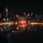 Founder tecnológico interactuando con interfaz holográfica mostrando inteligencia artificial de voz aplicada a encuestas y flujos de datos financiados.