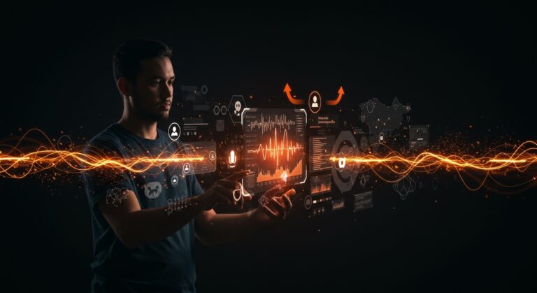 Founder tecnológico interactuando con interfaz holográfica mostrando inteligencia artificial de voz aplicada a encuestas y flujos de datos financiados.