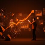 IA de voz para encuestas automatizadas y financiamiento de startups LATAM representado con un emprendedor y datos digitales en tonos naranja y negro.