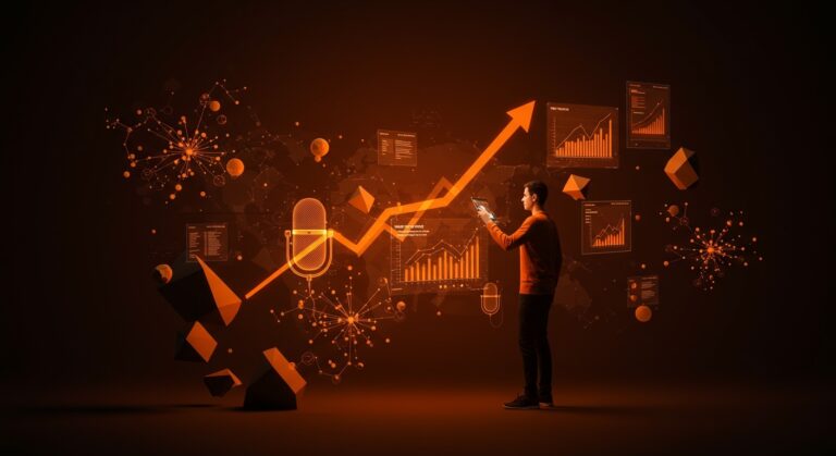 IA de voz para encuestas automatizadas y financiamiento de startups LATAM representado con un emprendedor y datos digitales en tonos naranja y negro.