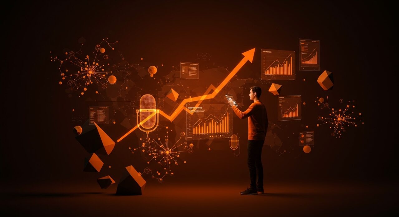 IA de voz para encuestas automatizadas y financiamiento de startups LATAM representado con un emprendedor y datos digitales en tonos naranja y negro.