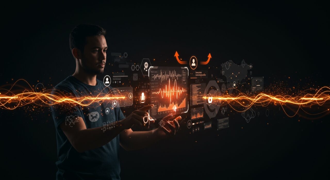 Founder tecnológico interactuando con interfaz holográfica mostrando inteligencia artificial de voz aplicada a encuestas y flujos de datos financiados.