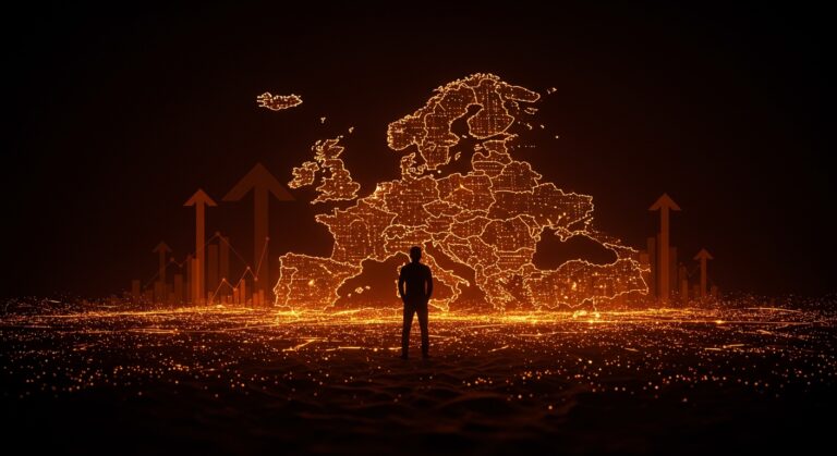 Fundador tecnológico frente a un paisaje digital futurista de inteligencia artificial e infraestructura soberana en Europa, destacando el liderazgo en IA.