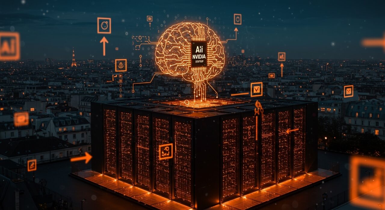 Centro de datos de Mistral AI en París con chips Nvidia simbolizando la soberanía de IA y financiación en startups europeas.