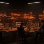 Equipo de founders colaborando en un espacio futurista con flujos de trabajo de IA de Mistral AI, mostrando orquestación y automatización en producción.