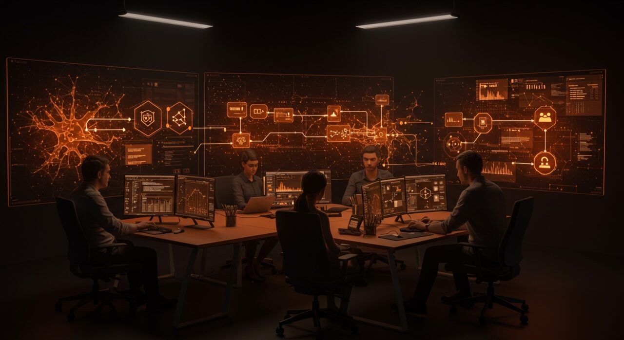 Equipo de founders colaborando en un espacio futurista con flujos de trabajo de IA de Mistral AI, mostrando orquestación y automatización en producción.