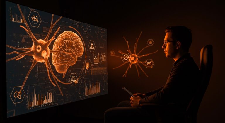 Founder hispanohablante interactuando con inteligencia artificial que impacta su pensamiento crítico y habilidades cognitivas en startups.