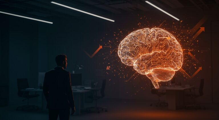 Ejecutivo preocupado frente a representación de IA generativa destacando riesgos y confianza ciega en empresas según MIT.