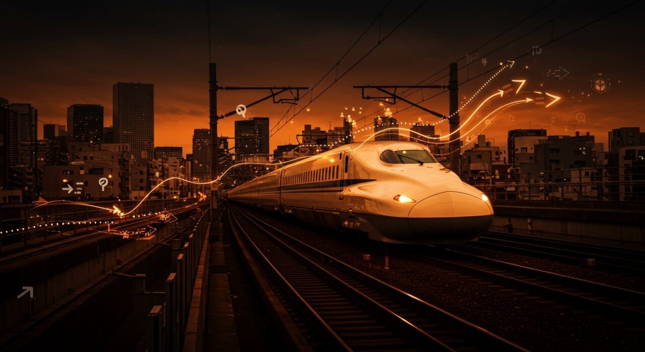 Modelo de negocio del Shinkansen japonés mostrando tren bala en una ciudad moderna con desarrollo urbano orientado al transporte, simbolizando innovación y diversificación de ingresos.