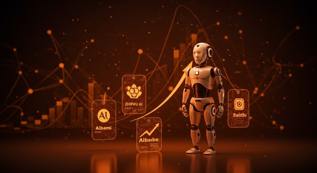 Modelos de IA chinos con precios al alza en 2026 representados por un robot AI y gráficos digitales en tonos naranja y negro.