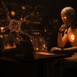 Modelo de lenguaje de IA mostrando emociones simuladas y procesos de alineamiento y seguridad en un entorno digital futurista.