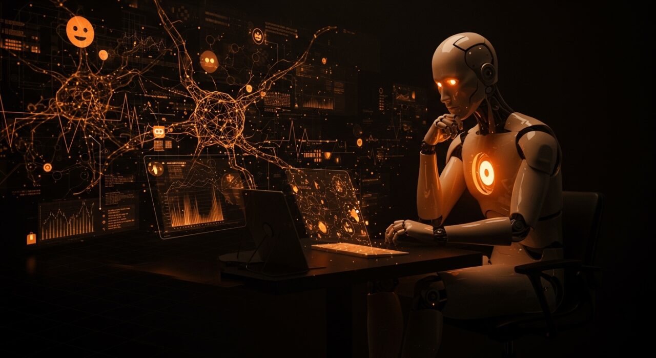 Modelo de lenguaje de IA mostrando emociones simuladas y procesos de alineamiento y seguridad en un entorno digital futurista.