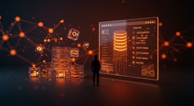 Funciones avanzadas de SQLite destacadas en pantalla futurista para potenciar SaaS, en paleta Ecosistema Startup naranja y negro.