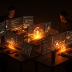 Desarrolladores trabajando en un sistema de crowdfunding comunitario para proyectos open source en blockchain con iluminación naranja y negra distintiva.