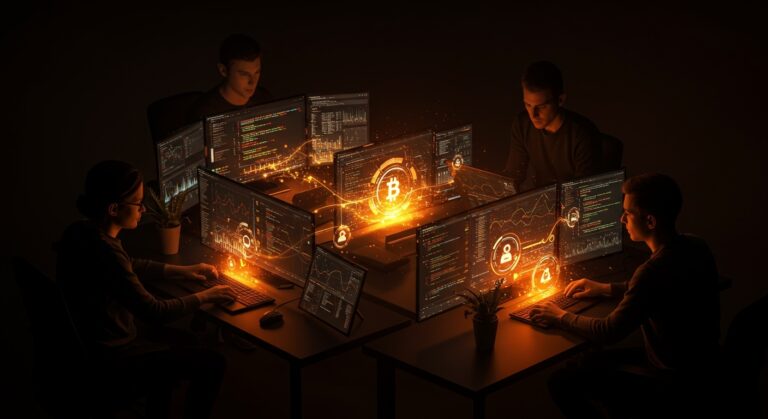 Desarrolladores trabajando en un sistema de crowdfunding comunitario para proyectos open source en blockchain con iluminación naranja y negra distintiva.