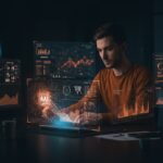 Founder de startup utilizando un panel futurista para monitoreo y evaluación de LLM en producción, con gráficos de IA generativa y pipeline de datos.