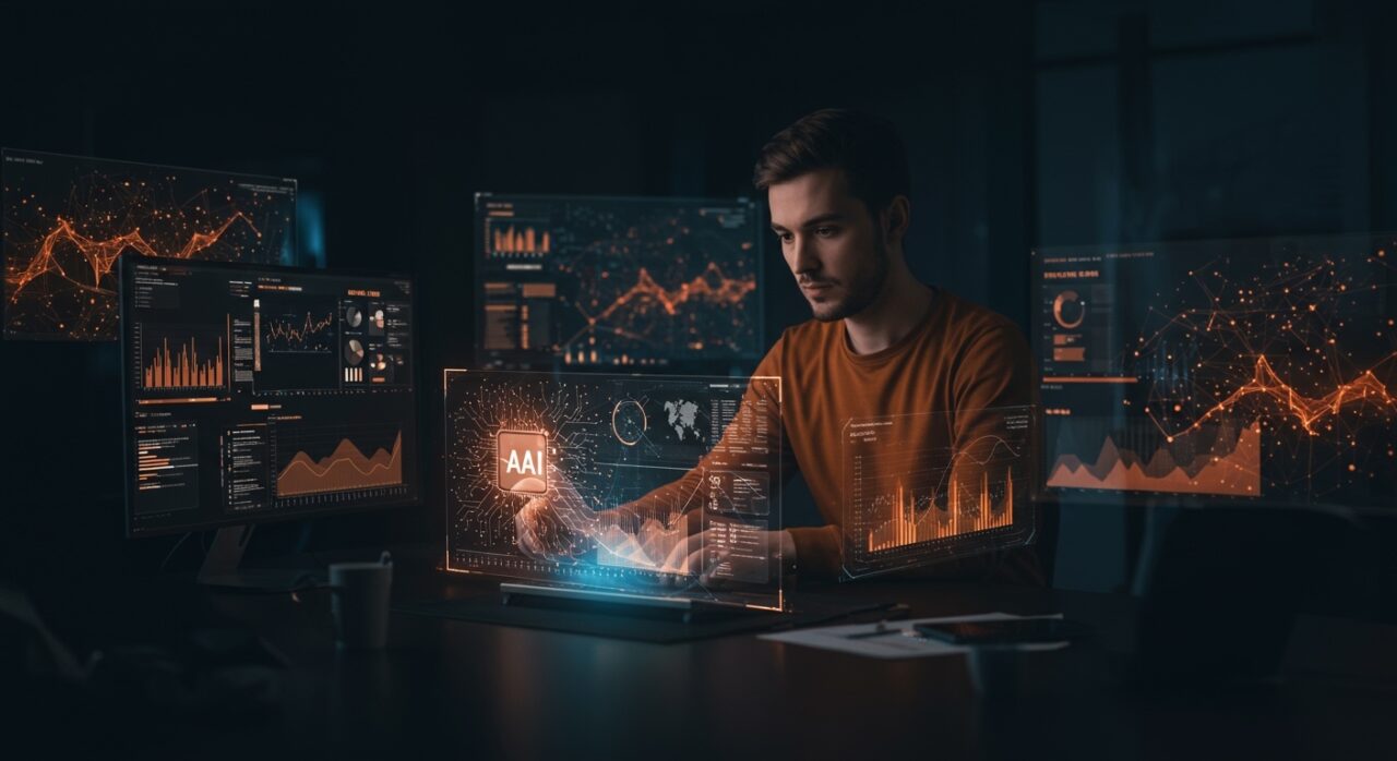 Founder de startup utilizando un panel futurista para monitoreo y evaluación de LLM en producción, con gráficos de IA generativa y pipeline de datos.