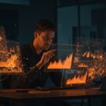 Monitorización LLM con métricas clave para startups IA generativa en un entorno tecnológico con interfaces digitales y redes neuronales abstractas.