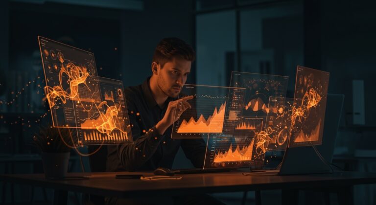 Monitorización LLM con métricas clave para startups IA generativa en un entorno tecnológico con interfaces digitales y redes neuronales abstractas.