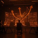 Equipo tecnológico supervisando motor de IA para moderación de contenido automatizada con fondos y luces en naranja profundo, representando funding y crecimiento en startups tech.