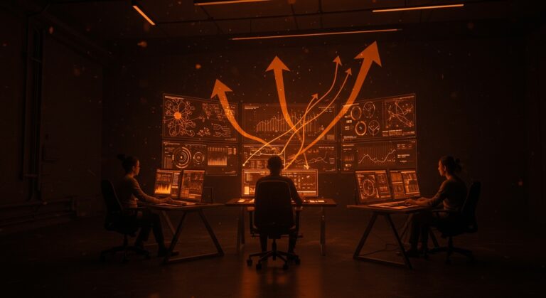 Equipo tecnológico supervisando motor de IA para moderación de contenido automatizada con fondos y luces en naranja profundo, representando funding y crecimiento en startups tech.