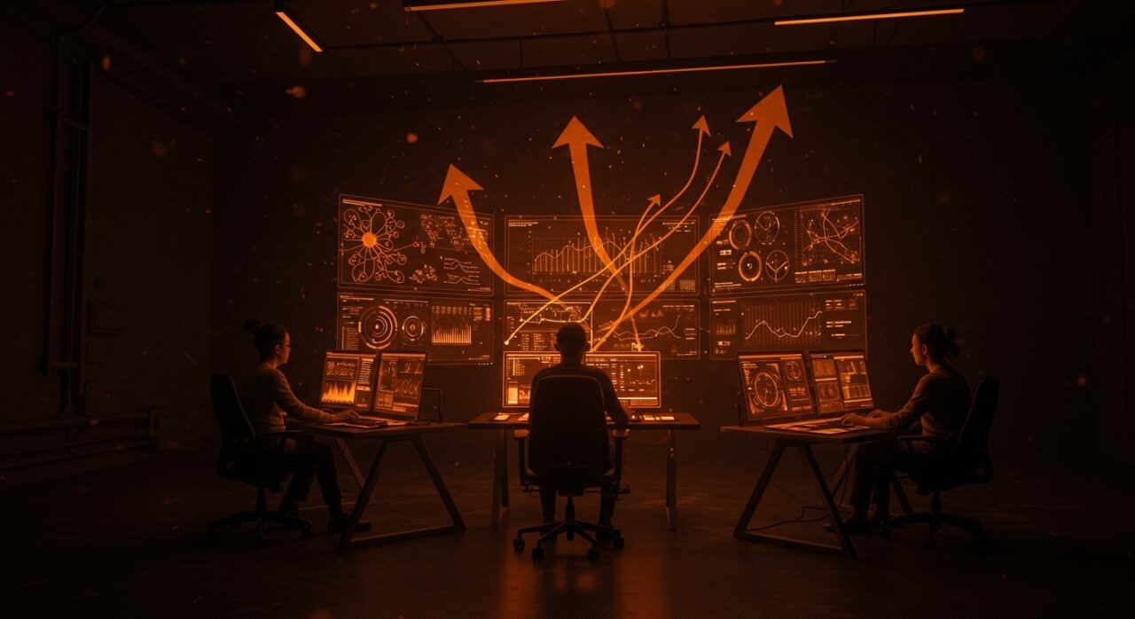 Equipo tecnológico supervisando motor de IA para moderación de contenido automatizada con fondos y luces en naranja profundo, representando funding y crecimiento en startups tech.