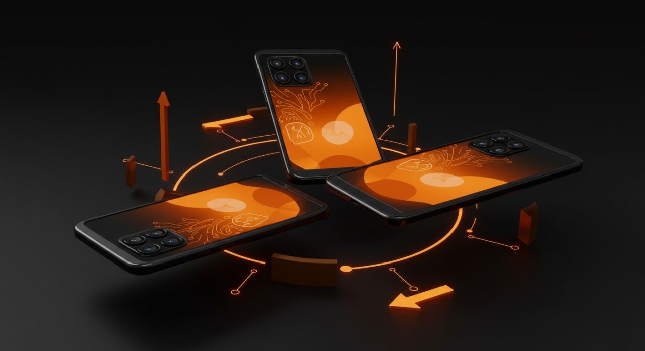 Tres modelos del Motorola Razr 70 en un arreglo estratégico con iluminación en naranja y negro representando segmentación de mercado y estrategia de producto para startups.