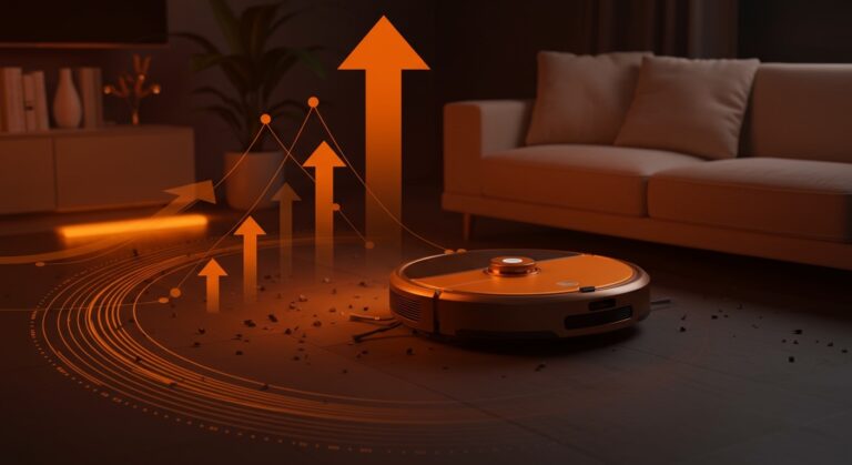 Robot aspirador Mova V70 Ultra Complete con 40.000 Pa y brazos telescópicos operando en hogar inteligente, innovación en robótica doméstica.
