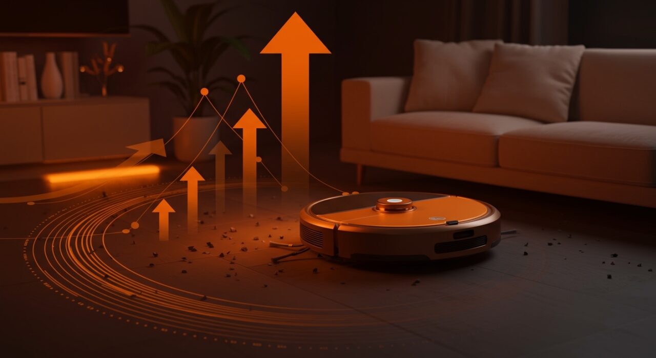 Robot aspirador Mova V70 Ultra Complete con 40.000 Pa y brazos telescópicos operando en hogar inteligente, innovación en robótica doméstica.