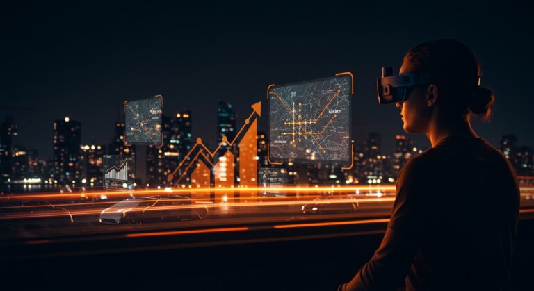 Tendencias en movilidad tecnológica y transparencia en el futuro del transporte con un fundador de startup observando soluciones innovadoras.