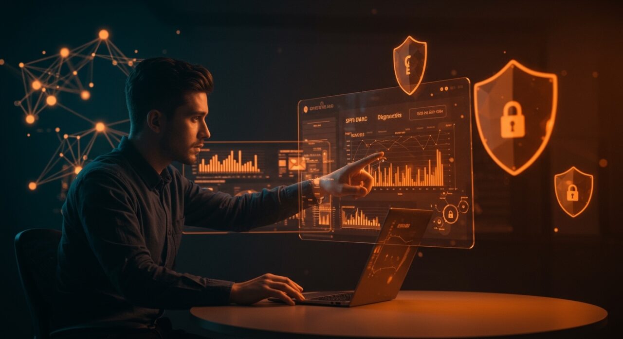 Herramientas DNS gratuitas y autenticación de email para startups mostrando diagnóstico online y seguridad de red.