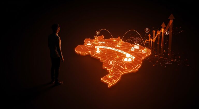 Founders hispanos visualizados con flujos de inversión y símbolos de venture capital en Brasil, destacando el fondo de USD 900M de Mubadala Capital para startups latinoamericanas.