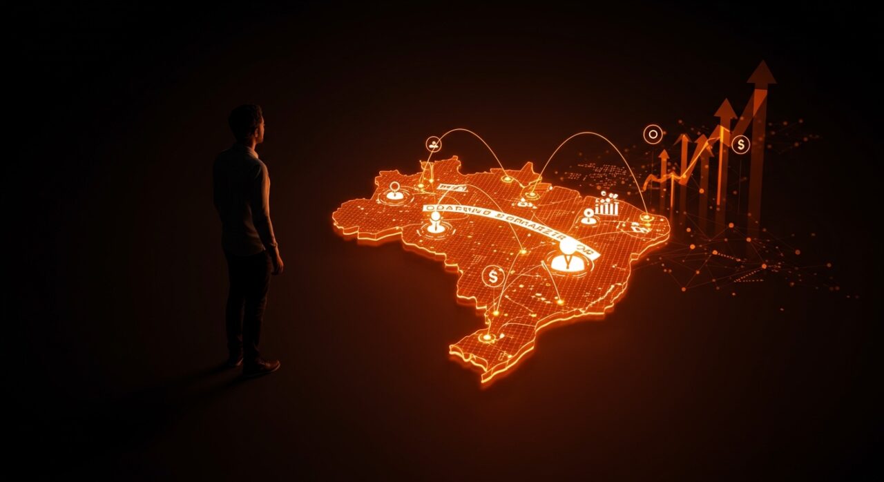 Founders hispanos visualizados con flujos de inversión y símbolos de venture capital en Brasil, destacando el fondo de USD 900M de Mubadala Capital para startups latinoamericanas.