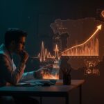 Fundador de startup de salud analizando datos de aumento de muerte súbita en Europa, con símbolos de tecnología sanitaria y cardiología.