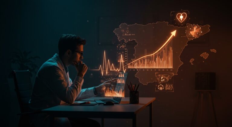 Fundador de startup de salud analizando datos de aumento de muerte súbita en Europa, con símbolos de tecnología sanitaria y cardiología.