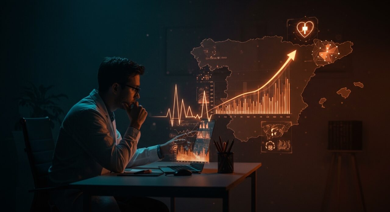 Fundador de startup de salud analizando datos de aumento de muerte súbita en Europa, con símbolos de tecnología sanitaria y cardiología.