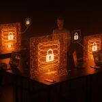 Visualización futurista de multi-salto VPN para privacidad y ciberseguridad en startups, mostrando conexiones encriptadas y protección de datos remotos.