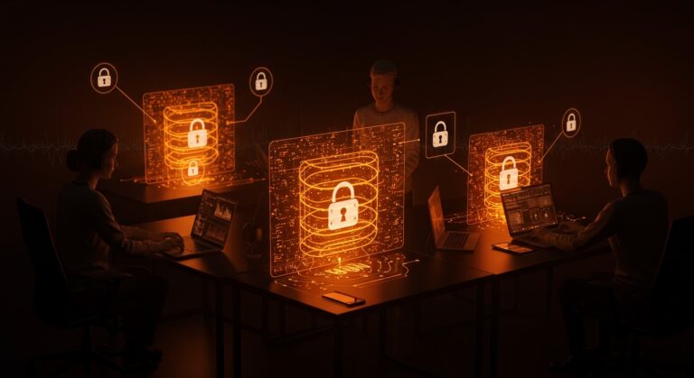 Visualización futurista de multi-salto VPN para privacidad y ciberseguridad en startups, mostrando conexiones encriptadas y protección de datos remotos.