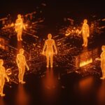 Agentes IA colaborando en un entorno digital futurista, ilustrando workflows multiagente y ahorro en costos de APIs IA.