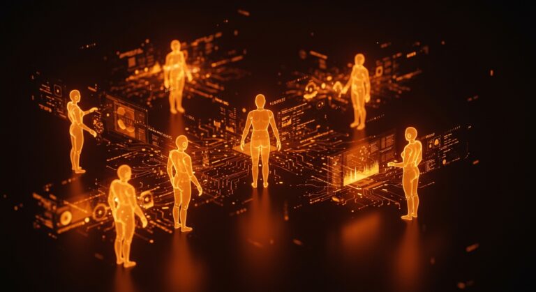 Agentes IA colaborando en un entorno digital futurista, ilustrando workflows multiagente y ahorro en costos de APIs IA.