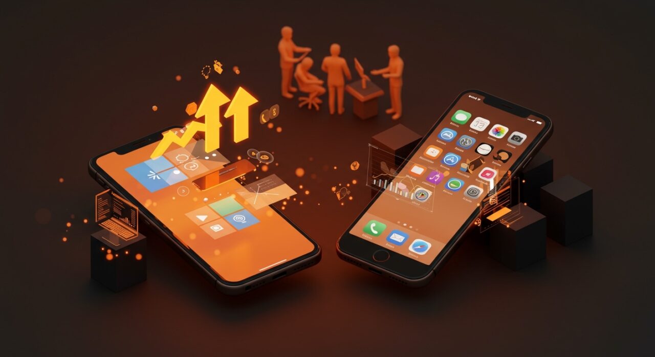 Comparativa de multitarea móvil entre Android con pantalla dividida y ventanas flotantes versus iPhone con limitaciones, destacando productividad para startups en 2026.