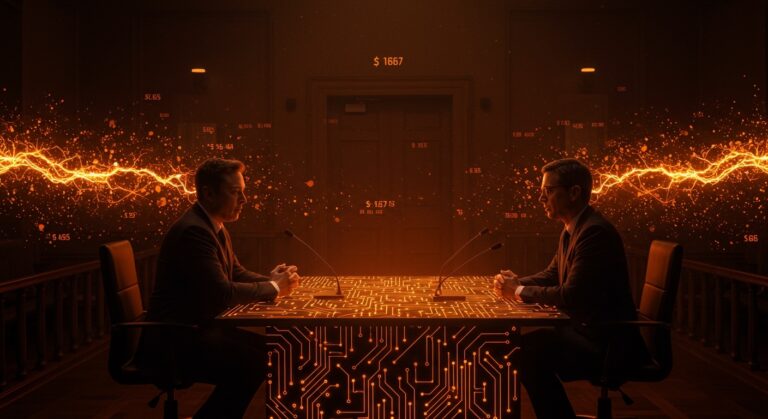 Juicio entre Elon Musk y Sam Altman sobre startups de IA con metáforas visuales de redes neuronales e inversión en tecnología.