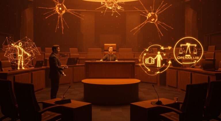 Imagen conceptual del juicio entre Elon Musk y OpenAI resaltando desafíos legales y estratégicos para startups de inteligencia artificial.