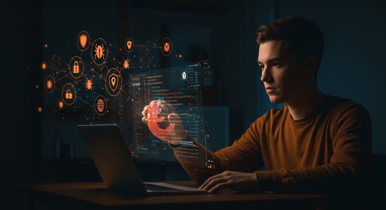 Founder de startup de ciberseguridad analizando vulnerabilidades de Firefox con herramienta AI Mythos en un entorno tecnológico avanzado.