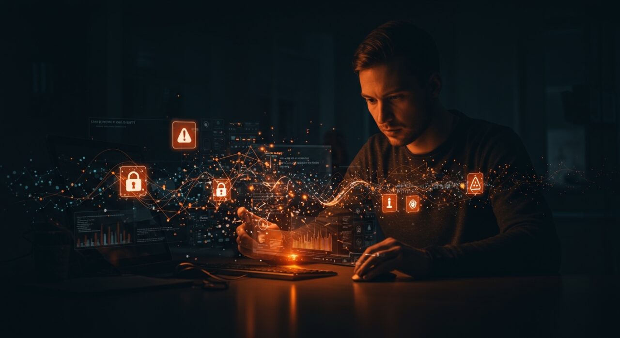 Fundador técnico analizando vulnerabilidades reales en código con IA y LLMs en un entorno futurista de ciberseguridad.