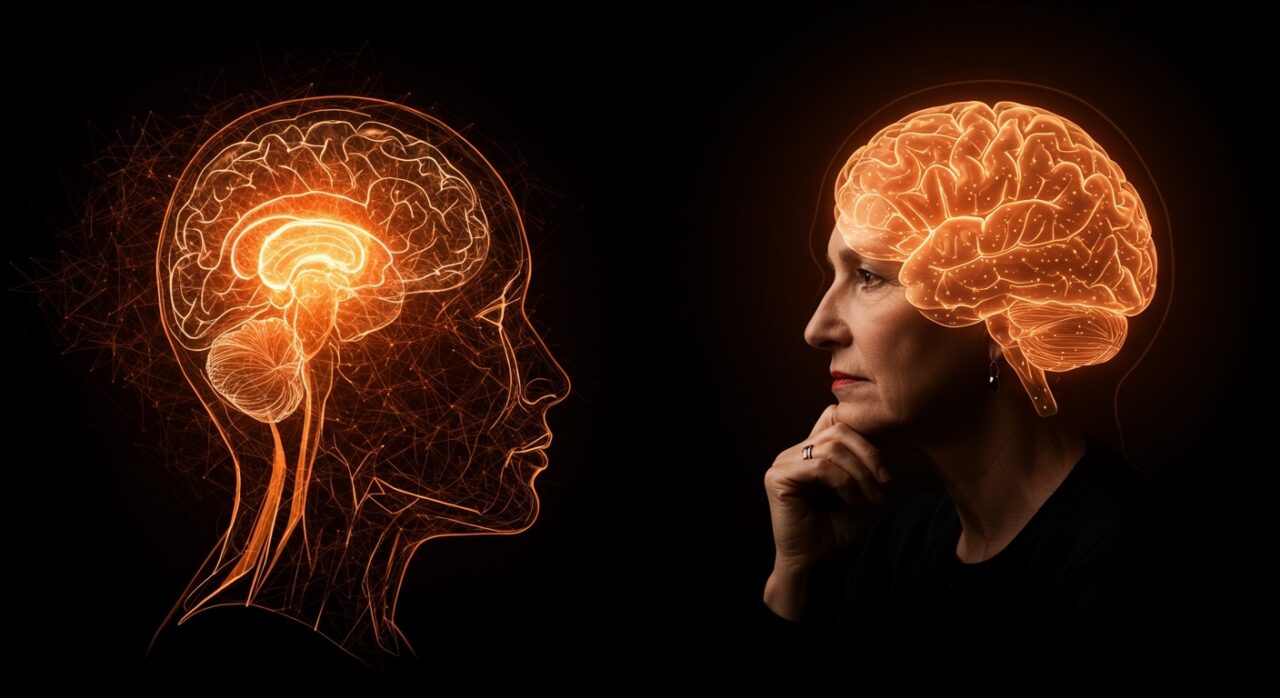 Retrato conceptual de Nancy Kanwisher con representación del área fusiforme facial y redes neuronales en estilo editorial para artículo de neurociencia y tecnología.