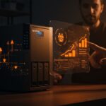 NAS doméstico Synology DS224+ en oficina moderna simbolizando ahorro de costes y control de datos sin suscripción cloud para startups.