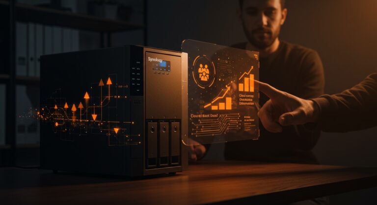 NAS doméstico Synology DS224+ en oficina moderna simbolizando ahorro de costes y control de datos sin suscripción cloud para startups.